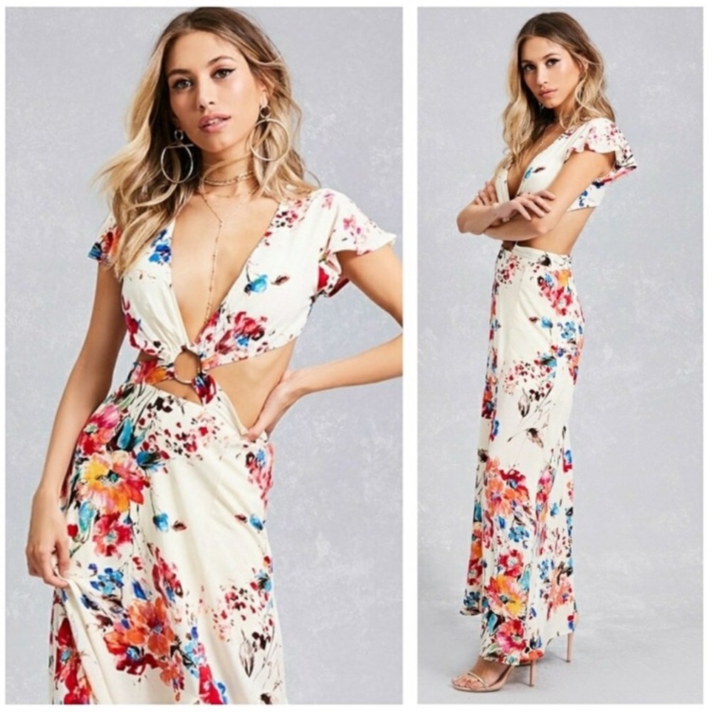 ~1 LEFT~ Cream Floral Print Maxi with Cut Outs